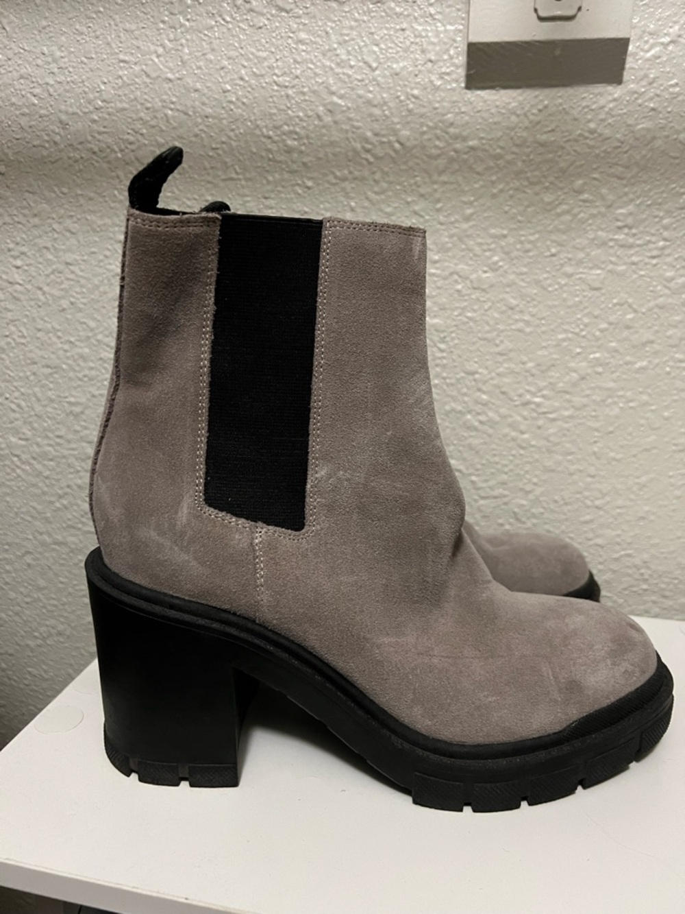 Marc Fisher Gray and Black Suede Chelsea Lug Heel Booties, 8